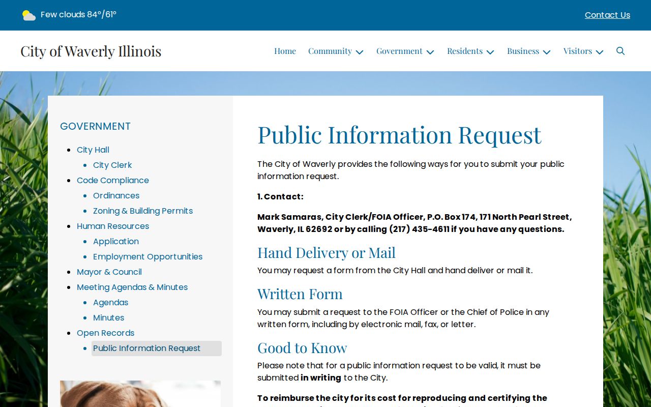 Waverly Illinois written FOIA page for police arrest and public records